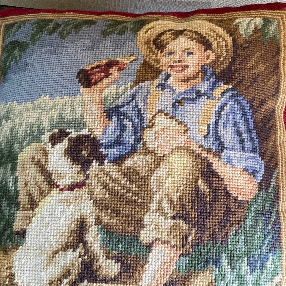 Coca-Cola Needlepoint Pillow Farmer Boy Dog Red Border Blue Velvet Backing 14x13